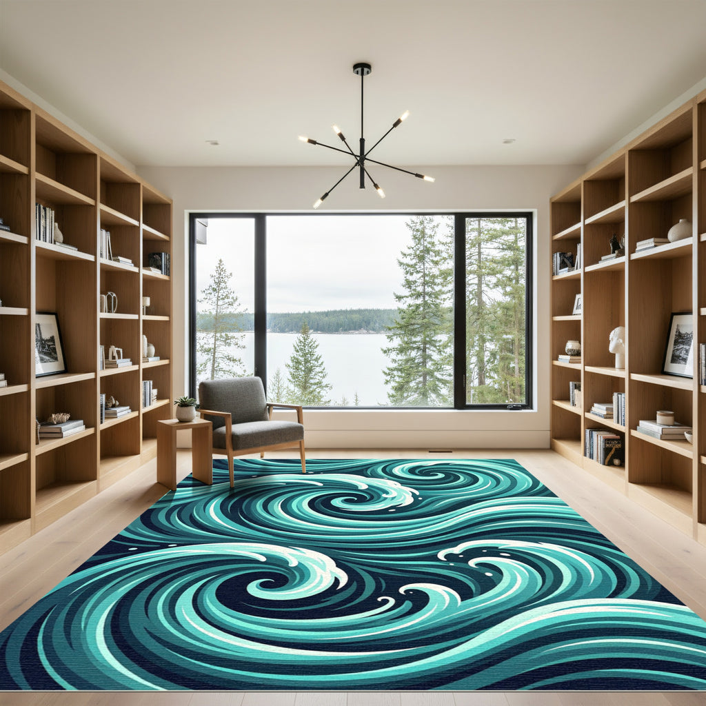 Contemporary Teal Swirling Oceanic Wave Rug