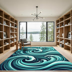 Contemporary Teal Swirling Oceanic Wave Rug