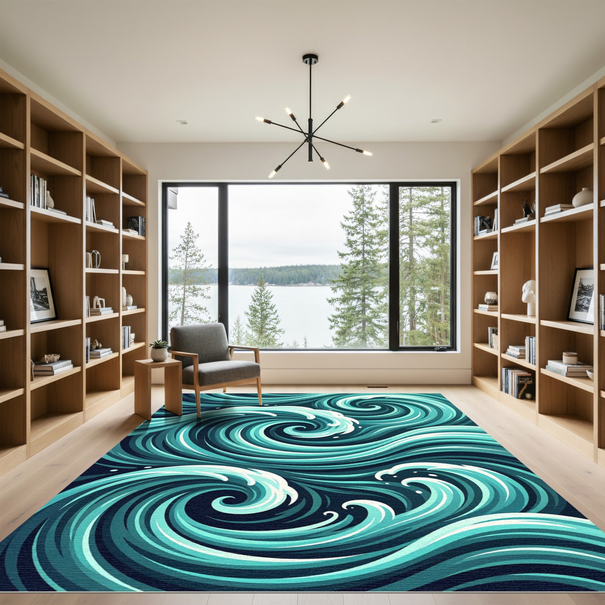 Contemporary Teal Swirling Oceanic Wave Rug