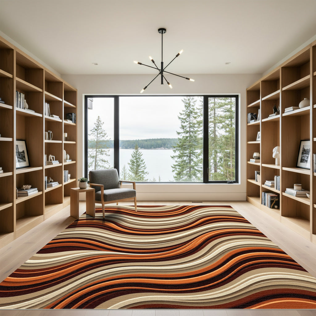 Earthy Terracotta Wavy Abstract Line Rug