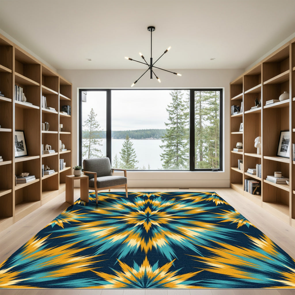Deep Blue Teal Gold Burst Rug
