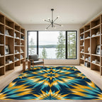 Deep Blue Teal Gold Burst Rug