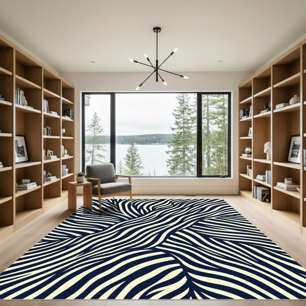 Abstract Navy and Cream Flowing Waves Rug