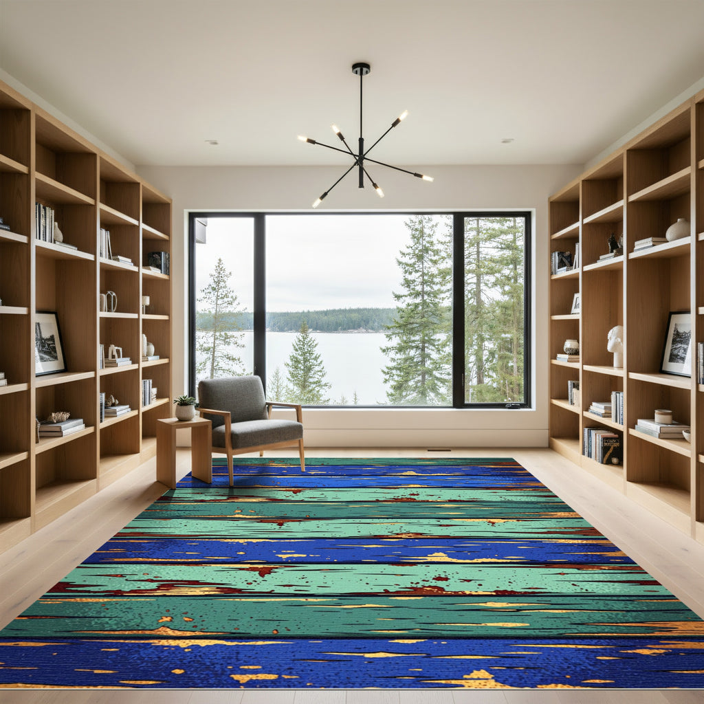 Distressed Teal Blue Wood Plank Rug
