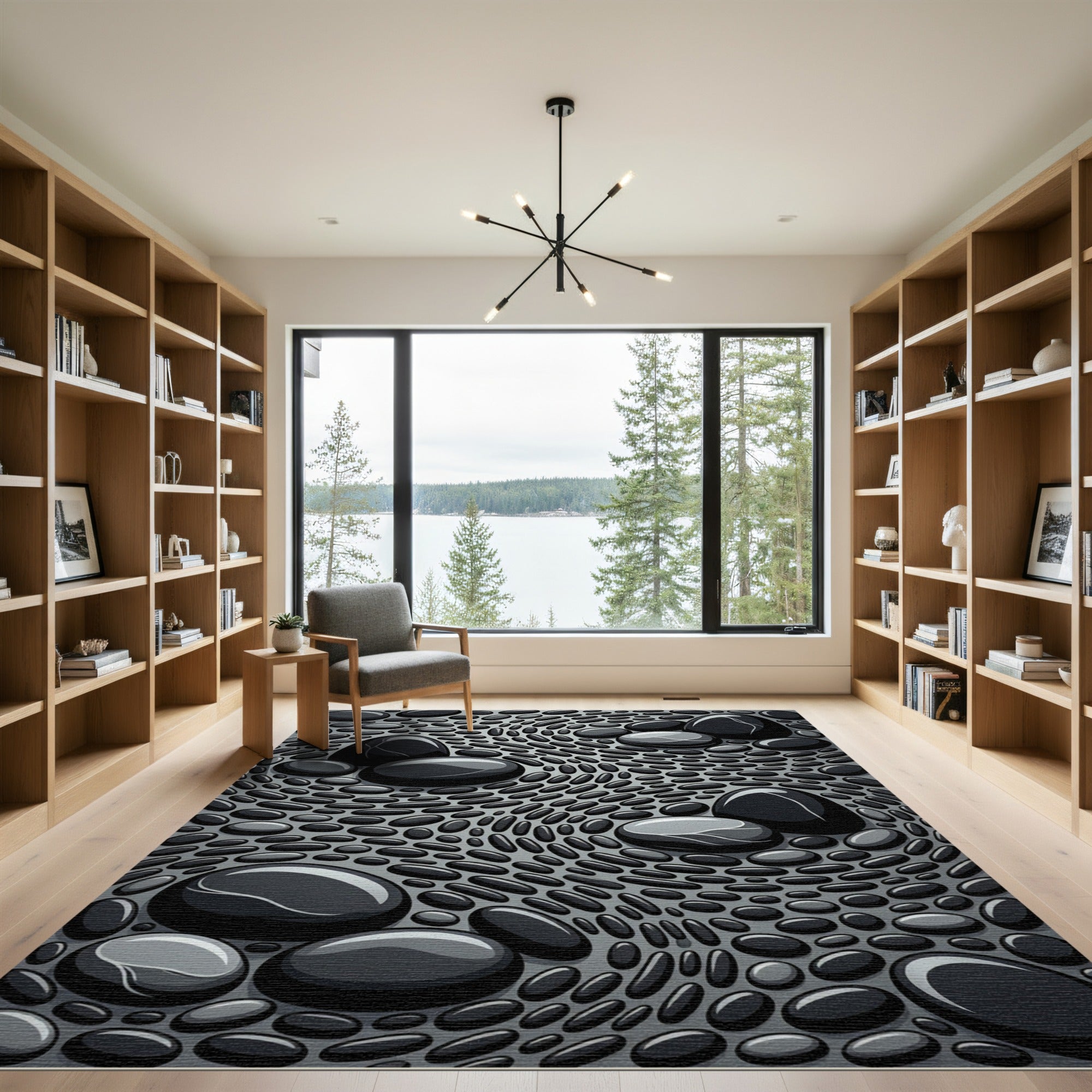 Glossy Black Stone Mosaic Composition Rug
