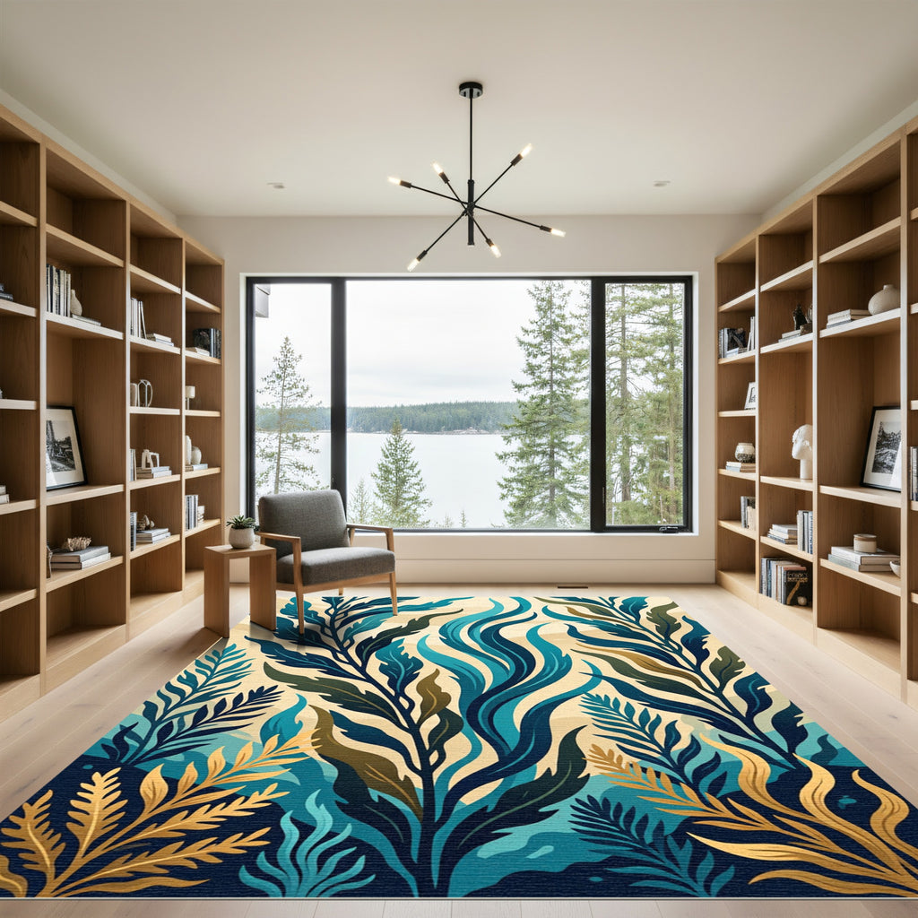 Teal and Gold Botanical Foliage Rug