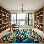 Teal and Gold Botanical Foliage Rug