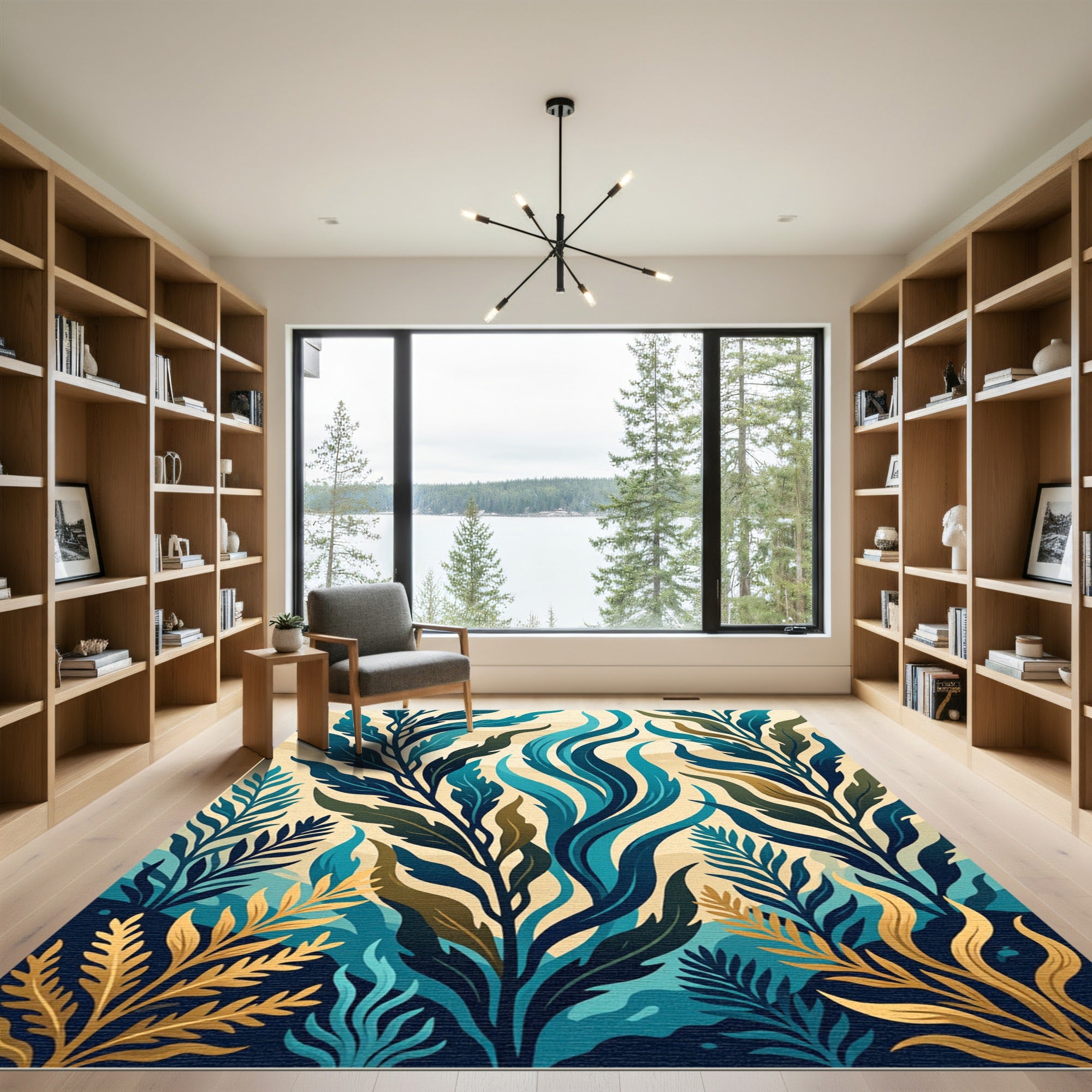 Teal and Gold Botanical Foliage Rug