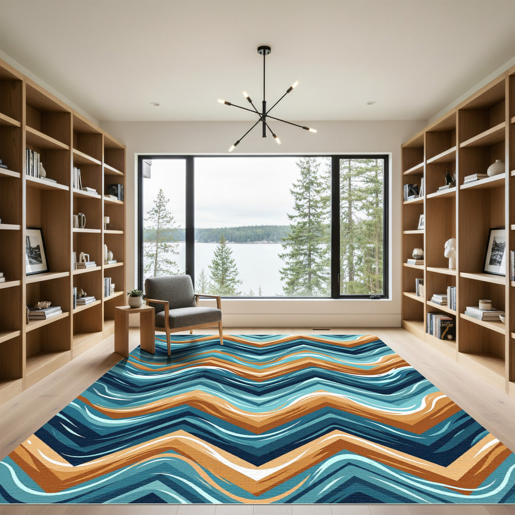 Abstract Teal and Copper Chevron Wave Rug