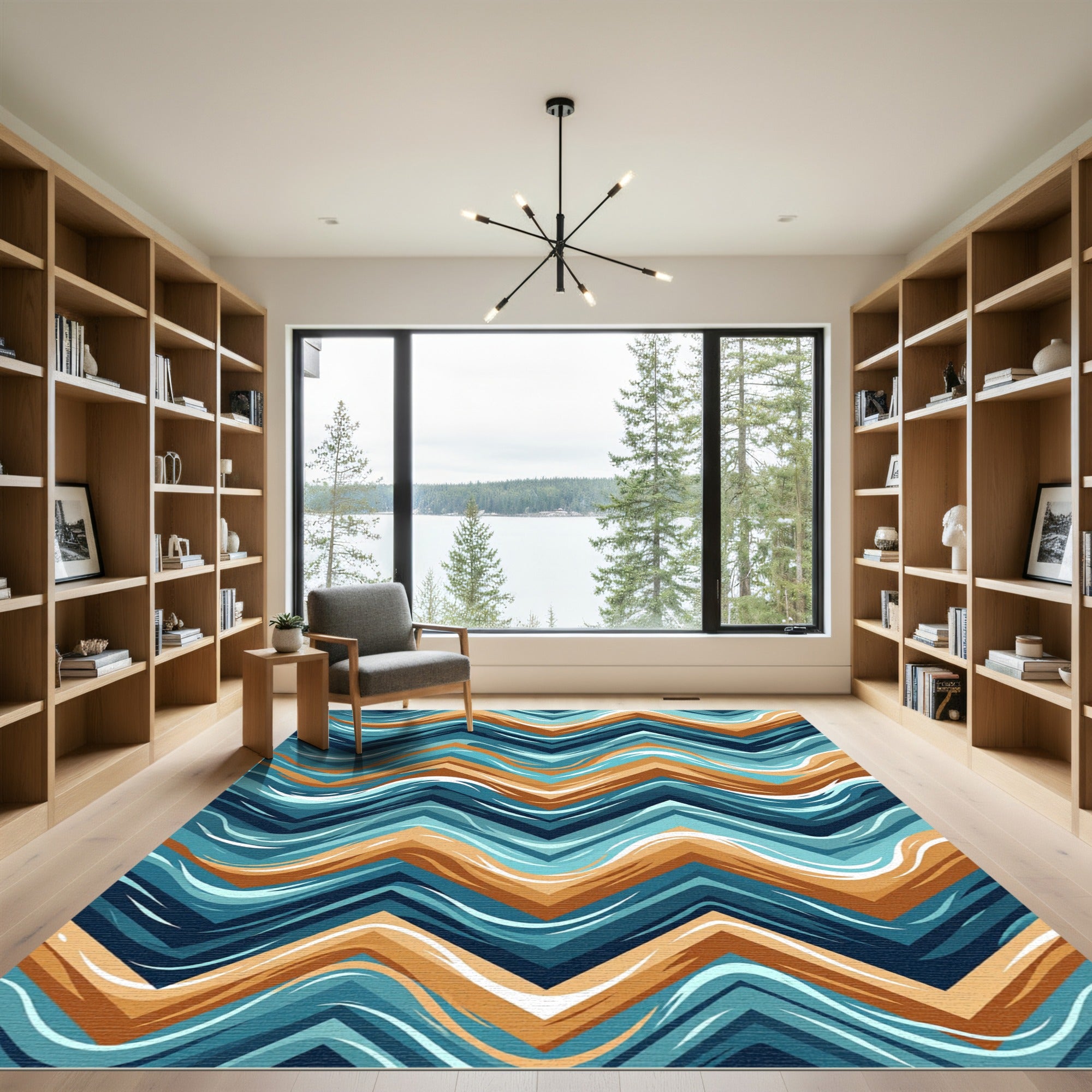 Abstract Teal and Copper Chevron Wave Rug