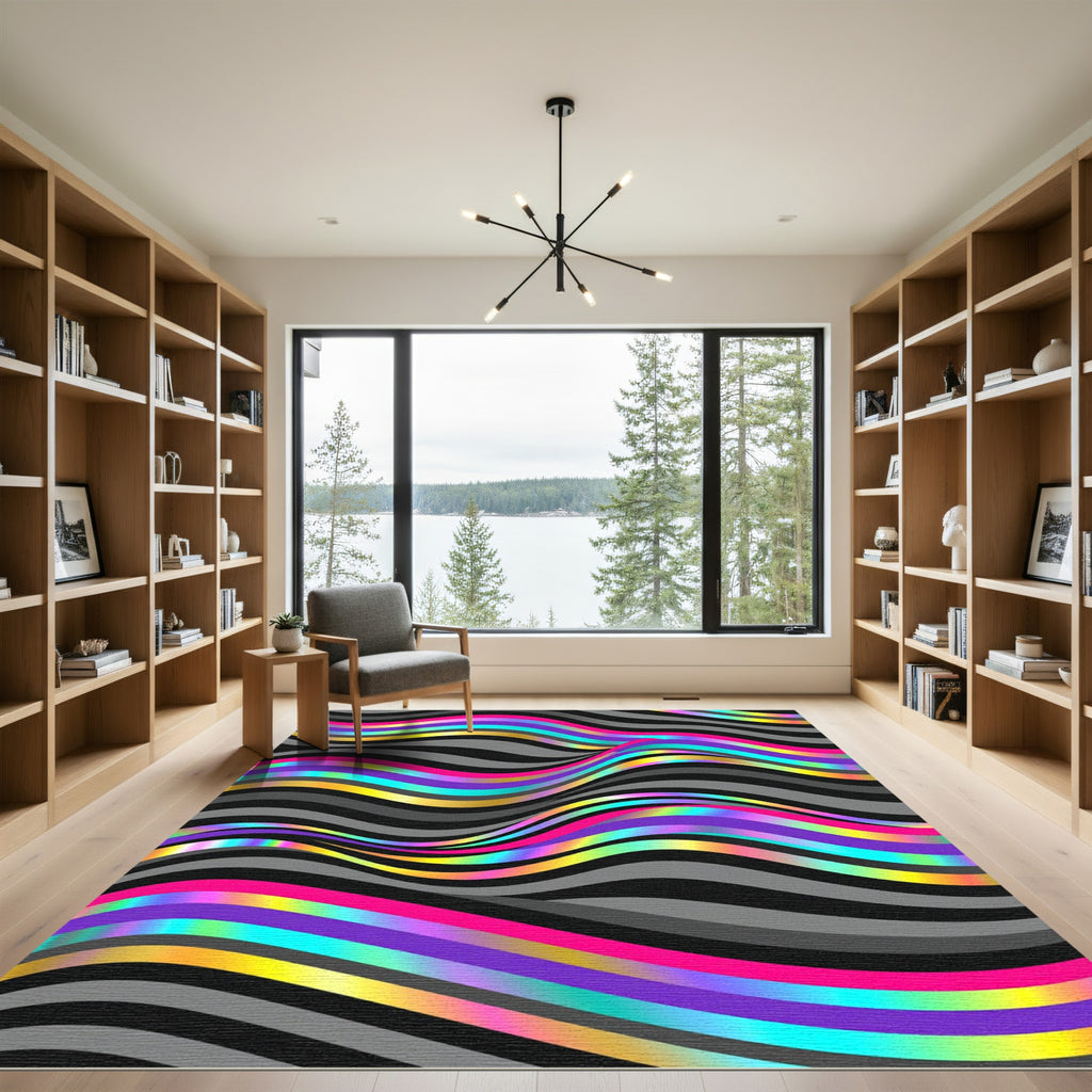 Vibrant Iridescent Wavy Rainbow Stripe Abstract Rug