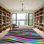 Vibrant Iridescent Wavy Rainbow Stripe Abstract Rug