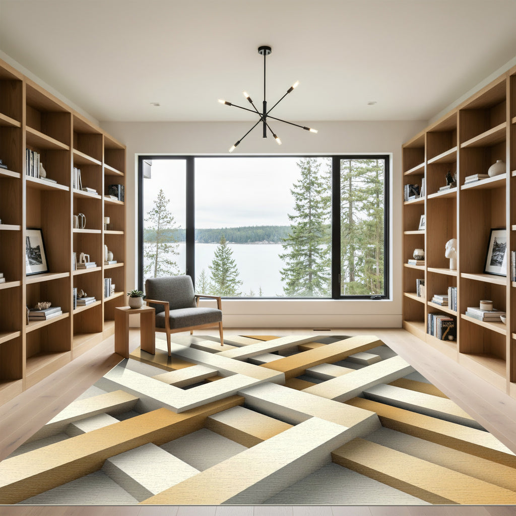Modern Geometric Interlocking Beige Architectural Rug