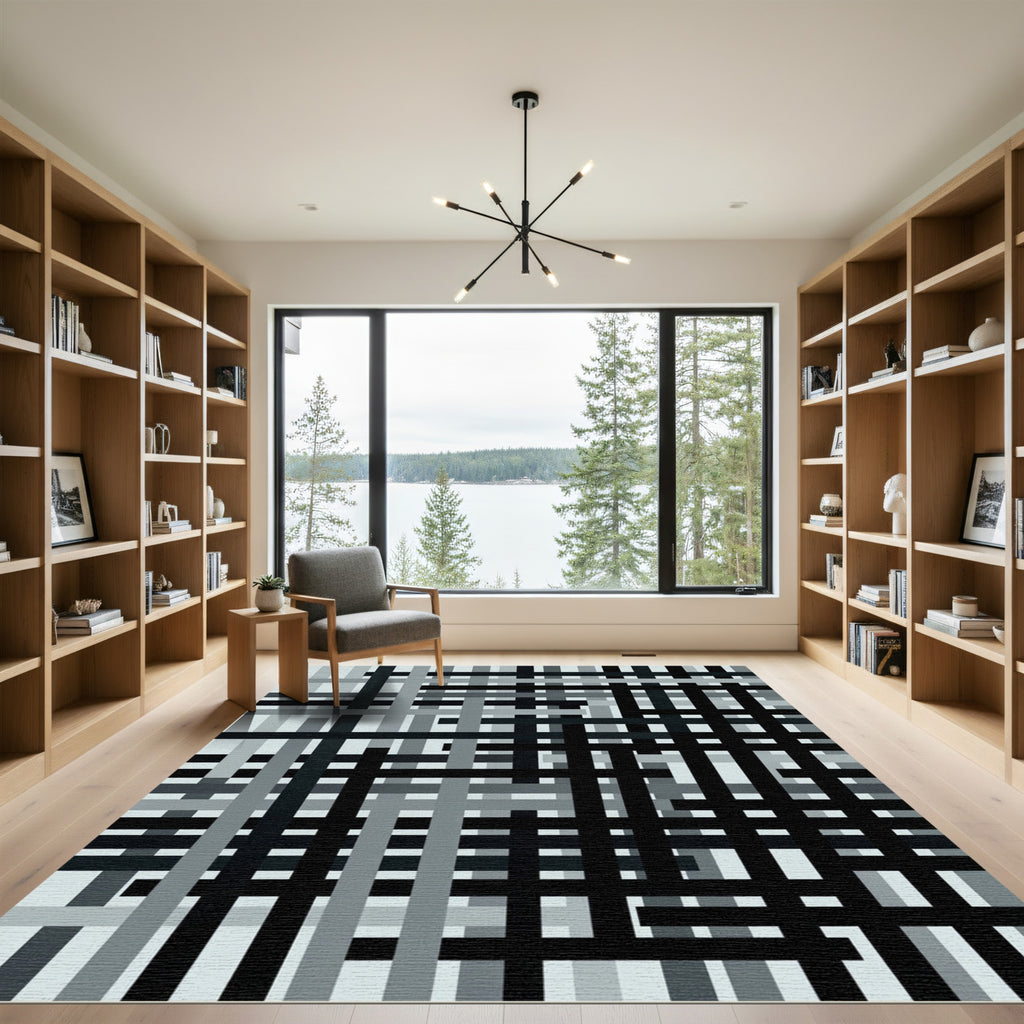 Modern Monochromatic Intersecting Grid Art Rug