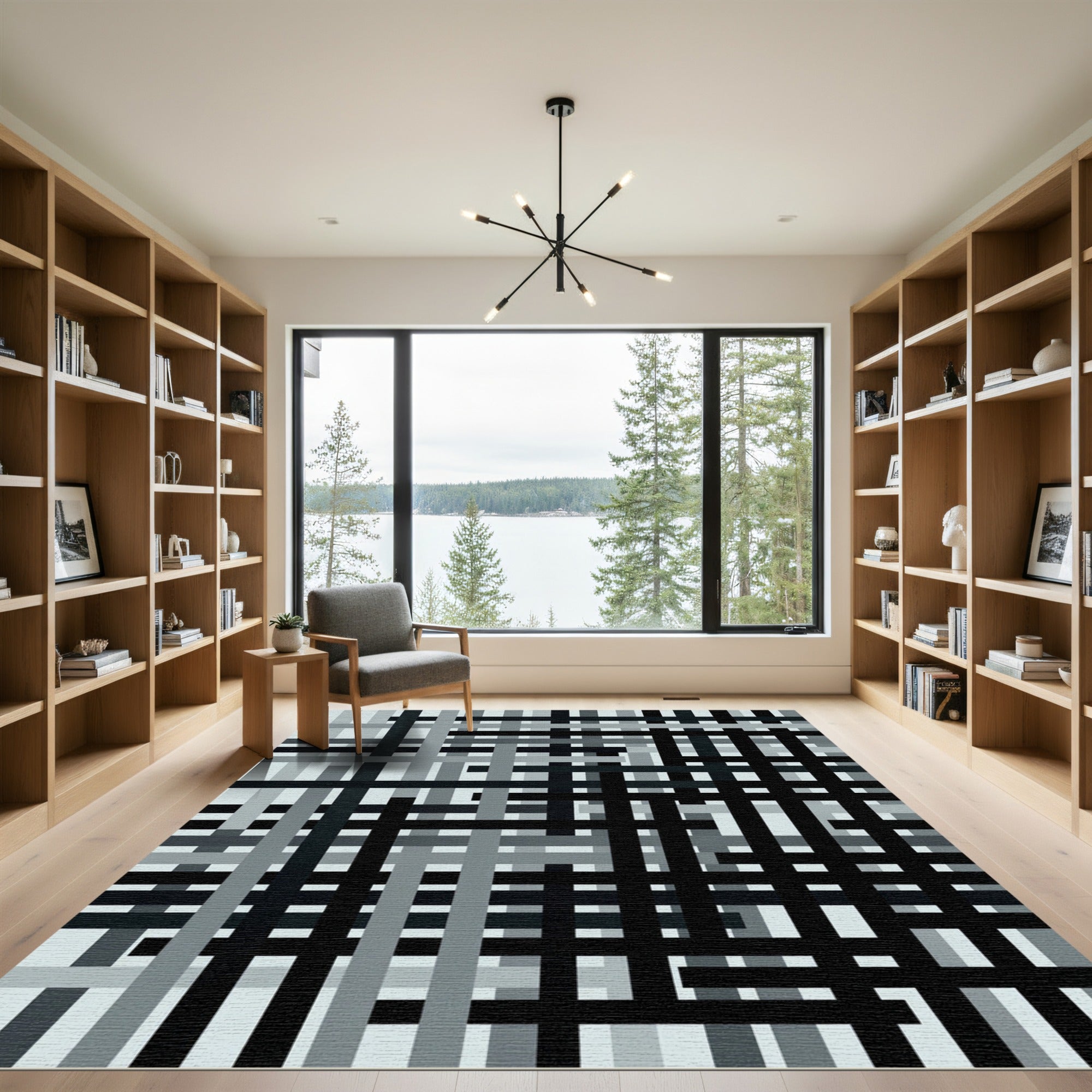 Modern Monochromatic Intersecting Grid Art Rug