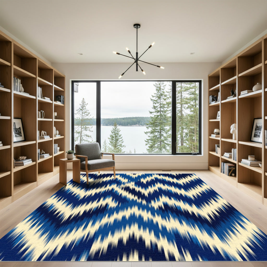 Navy Blue Ikat Chevron Wave Rug