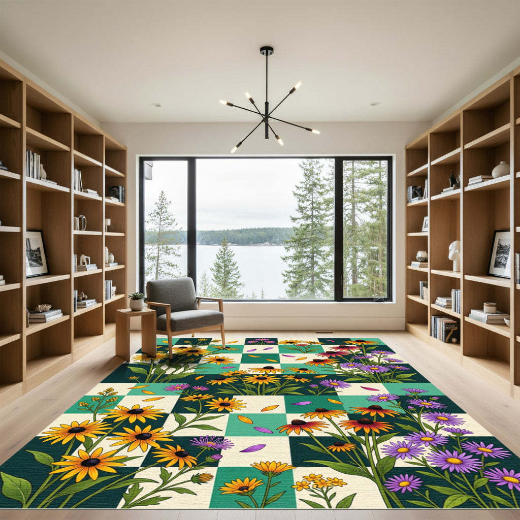 Vibrant Checkerboard Wildflower Garden Rug
