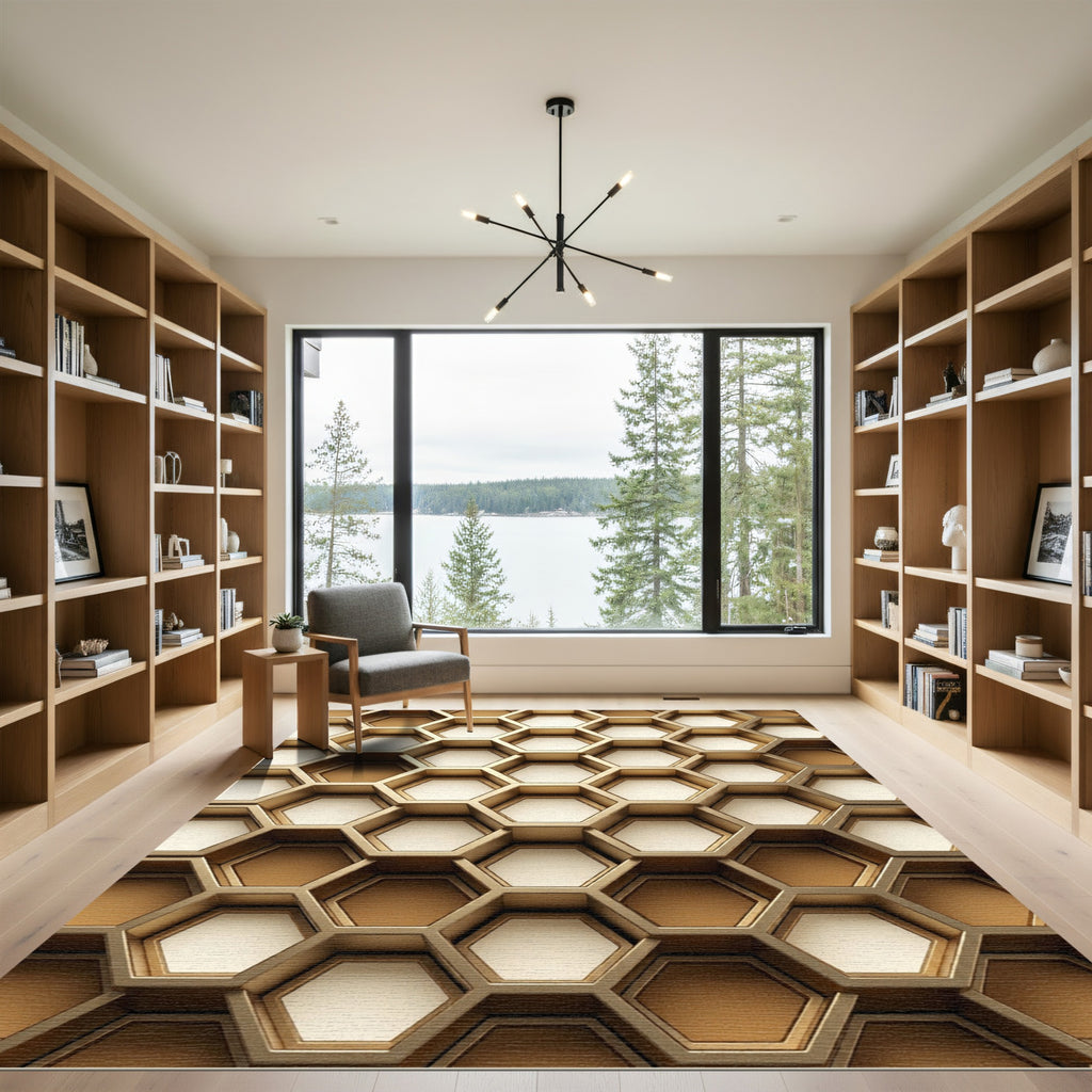 Modern Metallic Gold Geometric Hexagon Rug