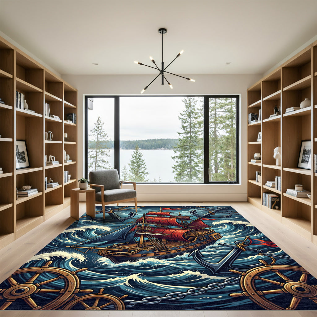 Stormy Red Sail Ship Nautical Anchor Rug