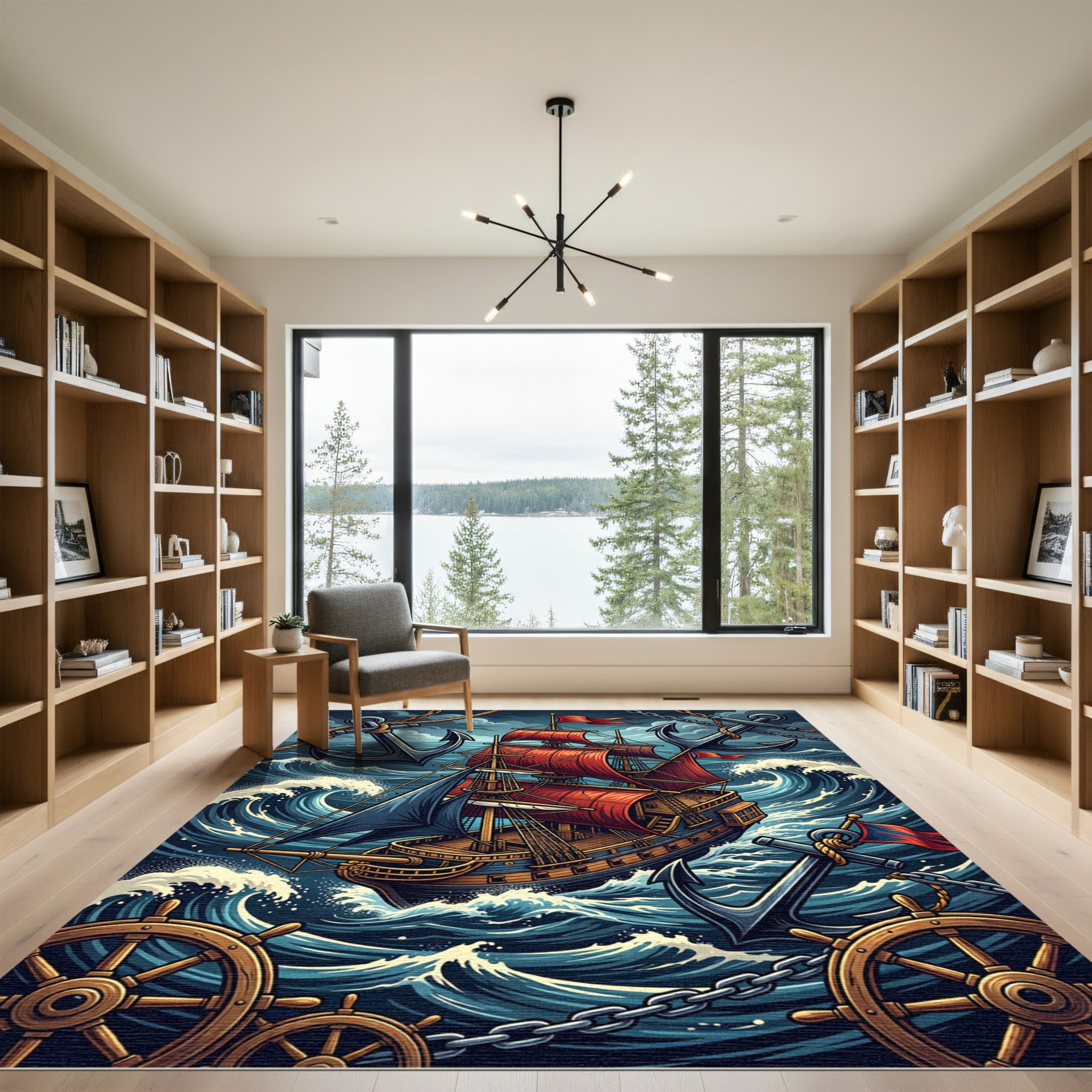 Stormy Red Sail Ship Nautical Anchor Rug