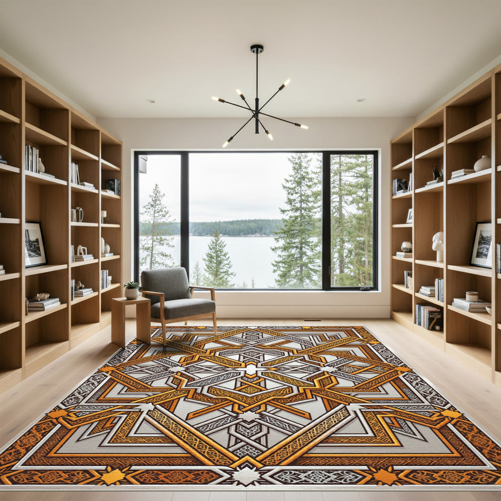Golden Orange Geometric Arabesque Rug