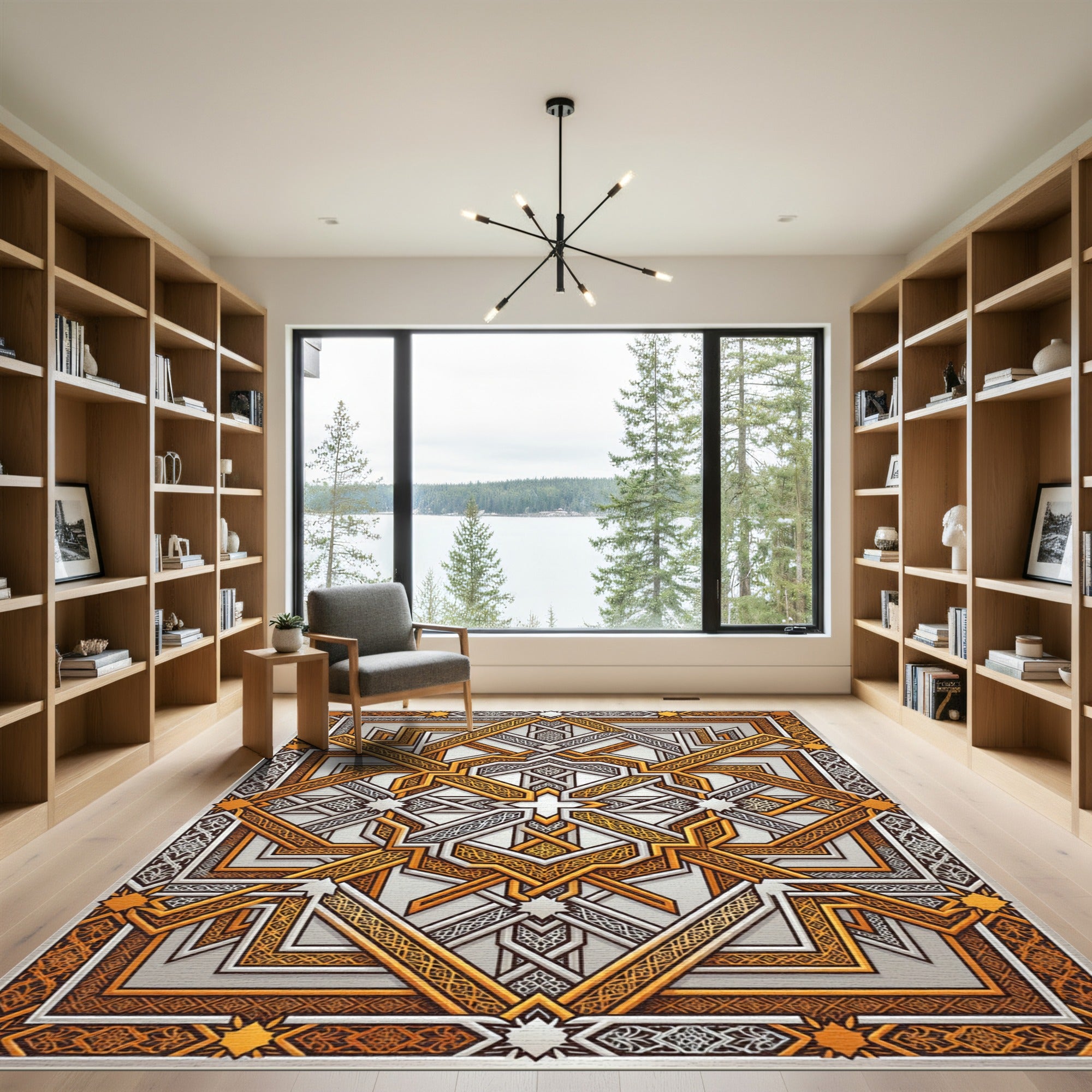 Golden Orange Geometric Arabesque Rug