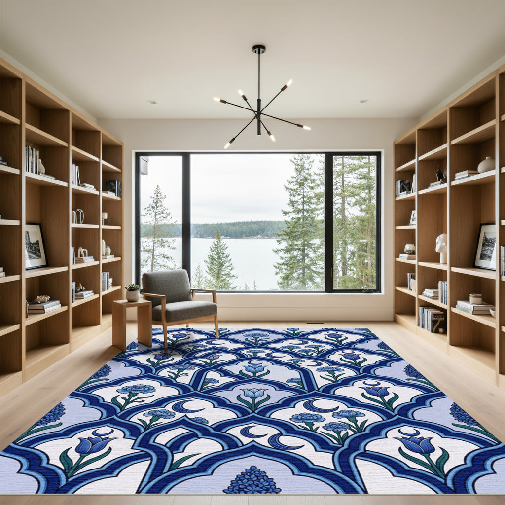 Blue Crescent Moon Floral Arch Rug