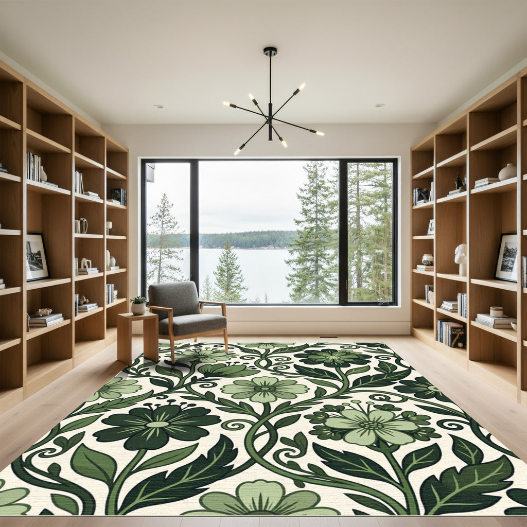 Earthy Sage Floral Botanical Scroll Rug