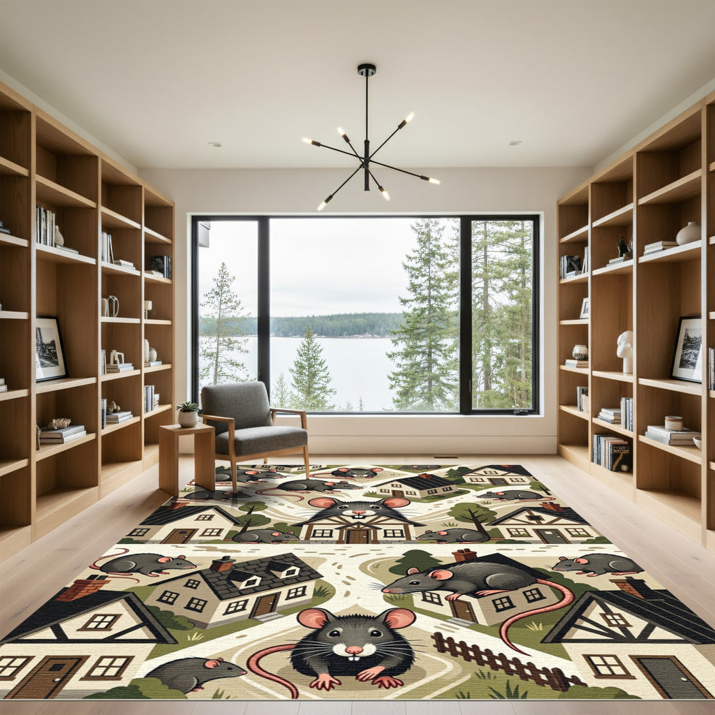 Whimsical Charcoal Mouse Village Illustration Rug