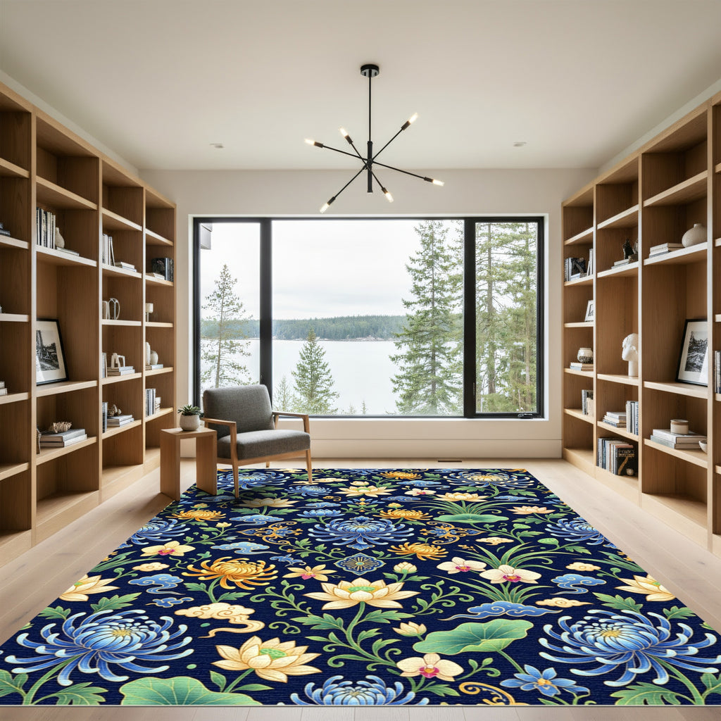 Chinoiserie Navy Lotus Chrysanthemum Floral Rug