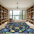 Chinoiserie Navy Lotus Chrysanthemum Floral Rug