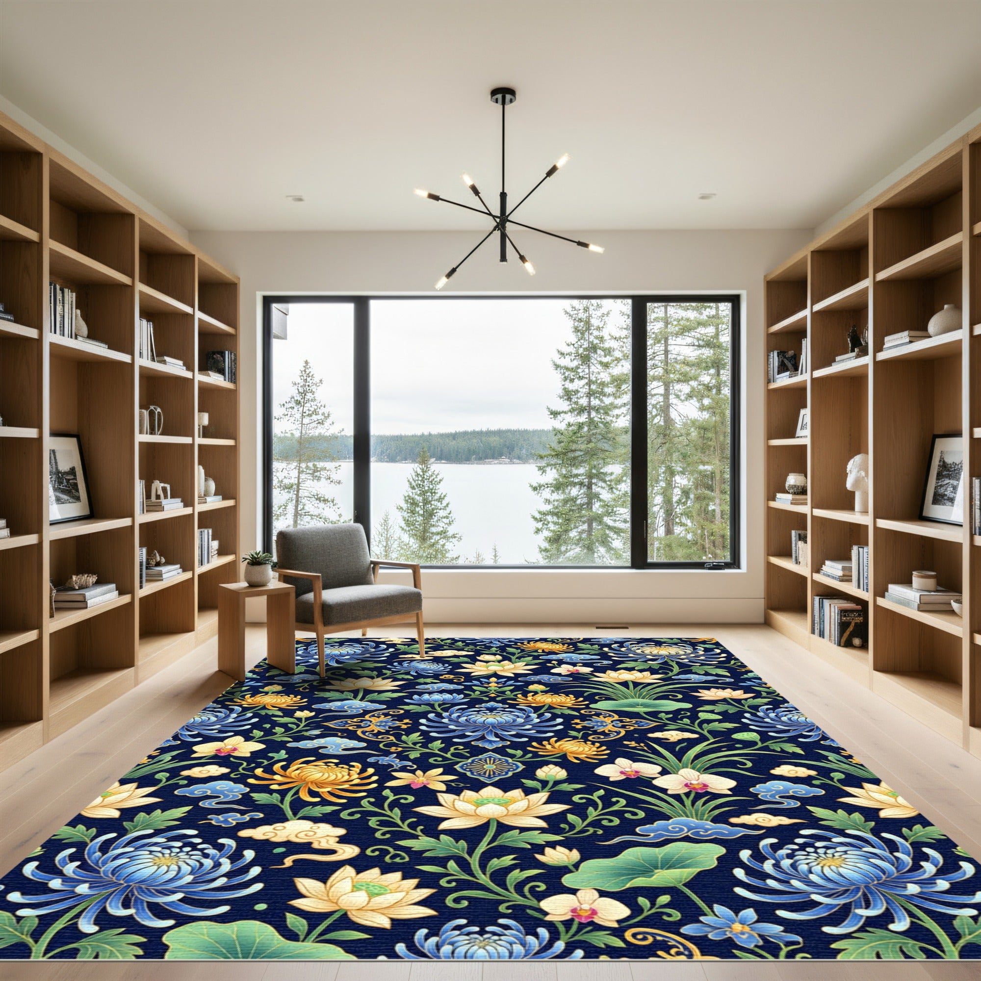Chinoiserie Navy Lotus Chrysanthemum Floral Rug