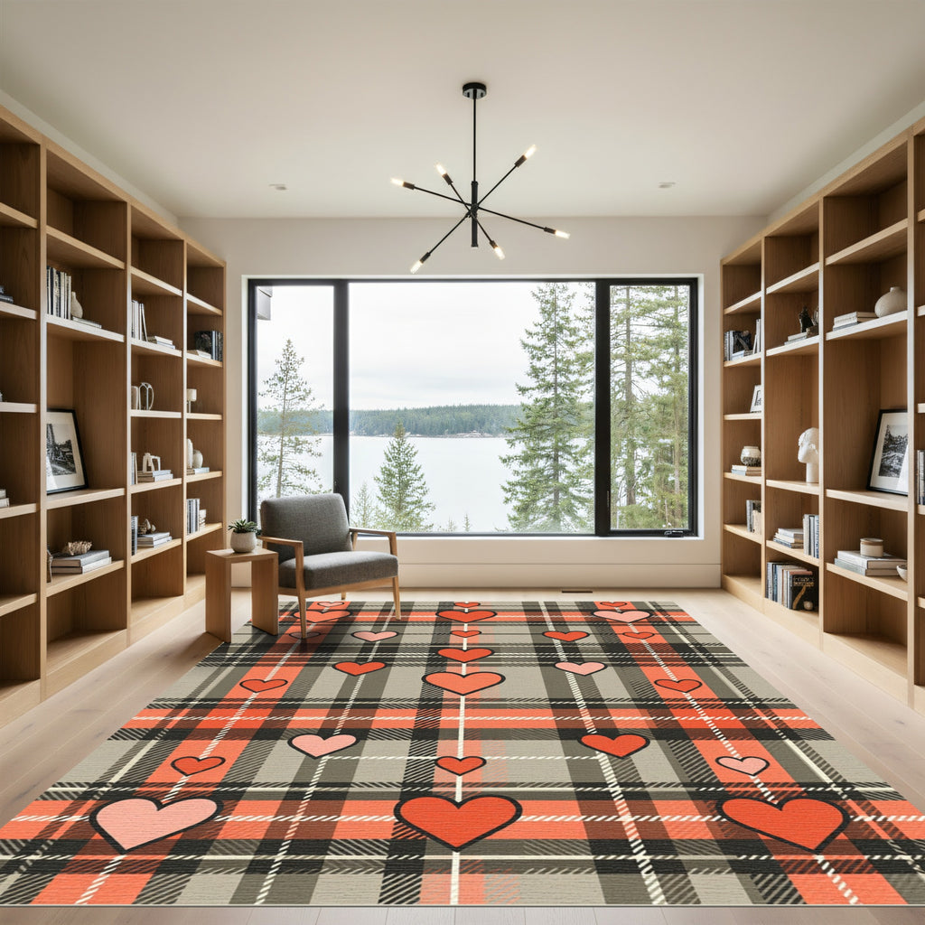 Coral Heart Plaid Tartan Check Rug