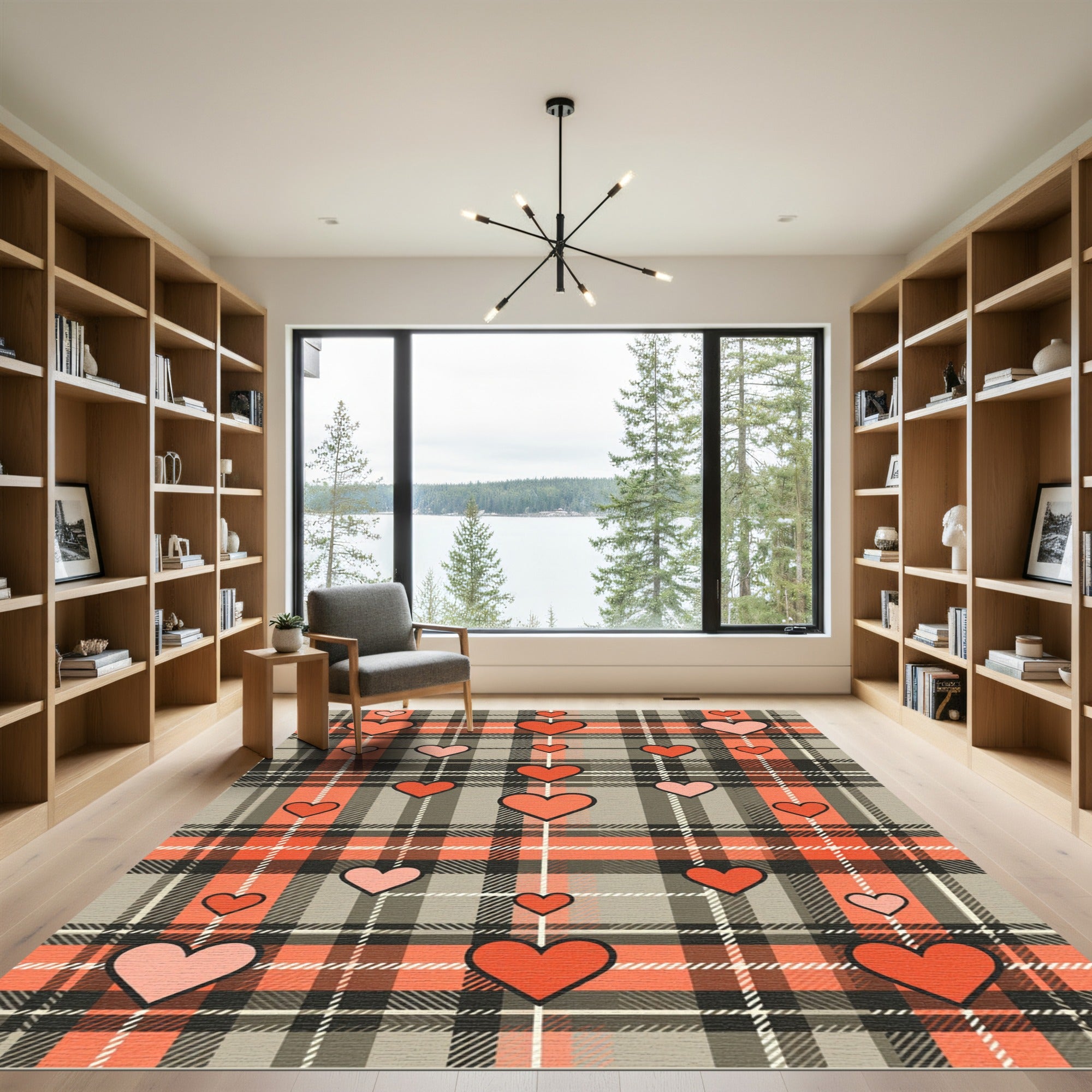 Coral Heart Plaid Tartan Check Rug