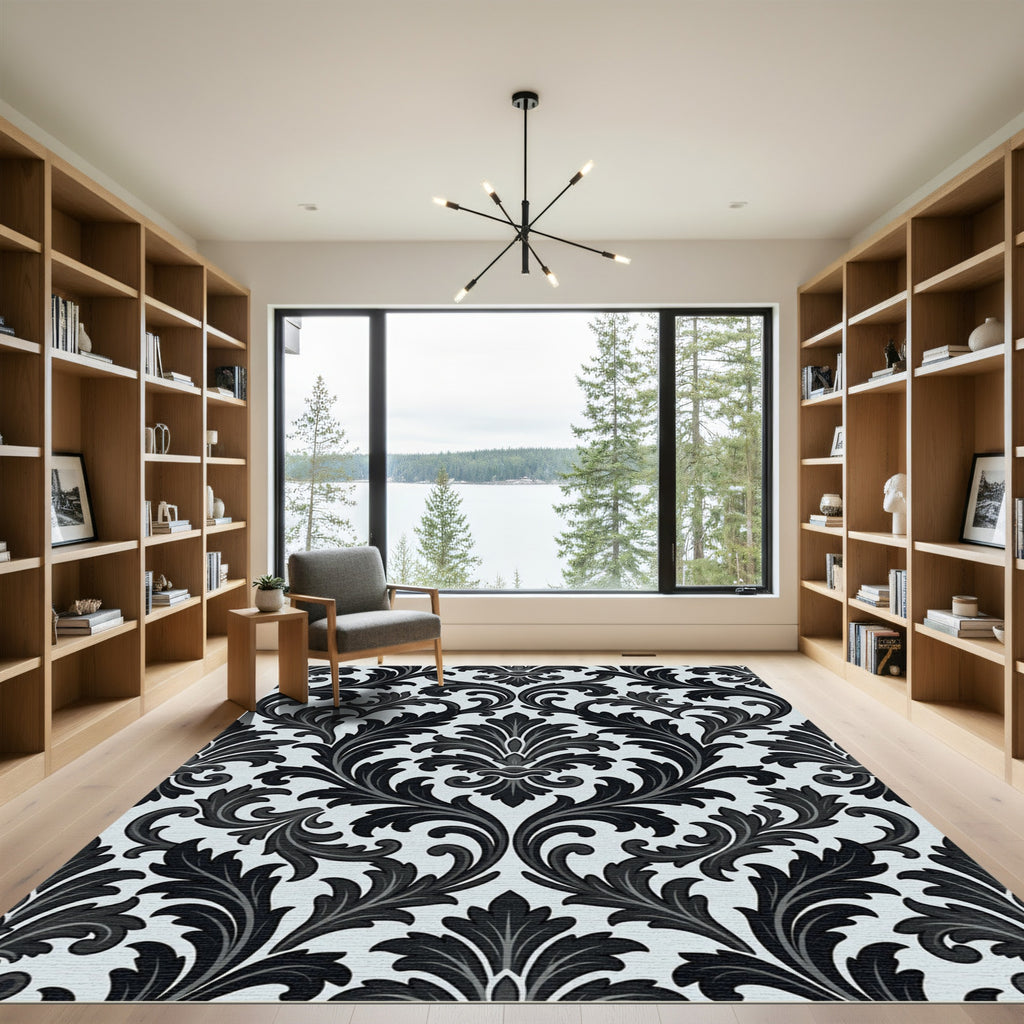 Black White Acanthus Leaf Scroll Rug