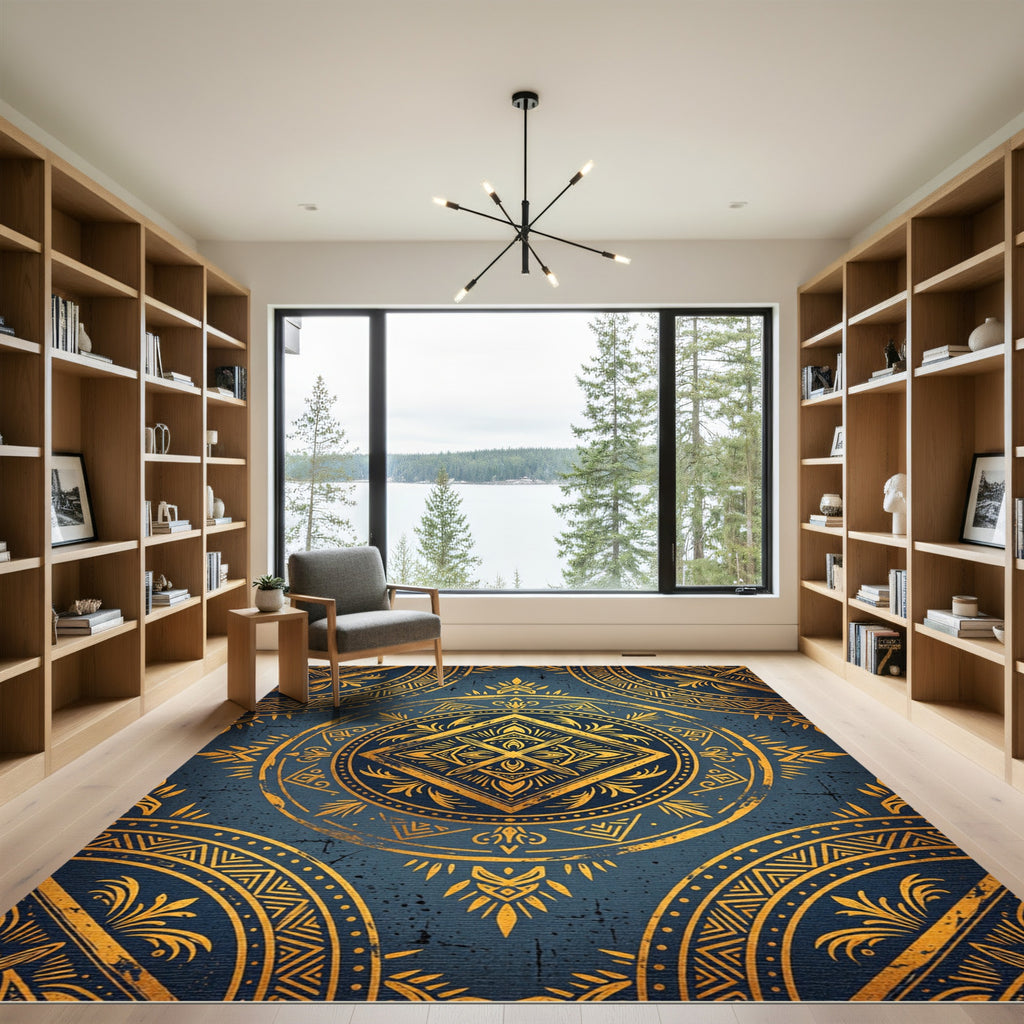 Ornate Golden Mandala Blue Textile Rug