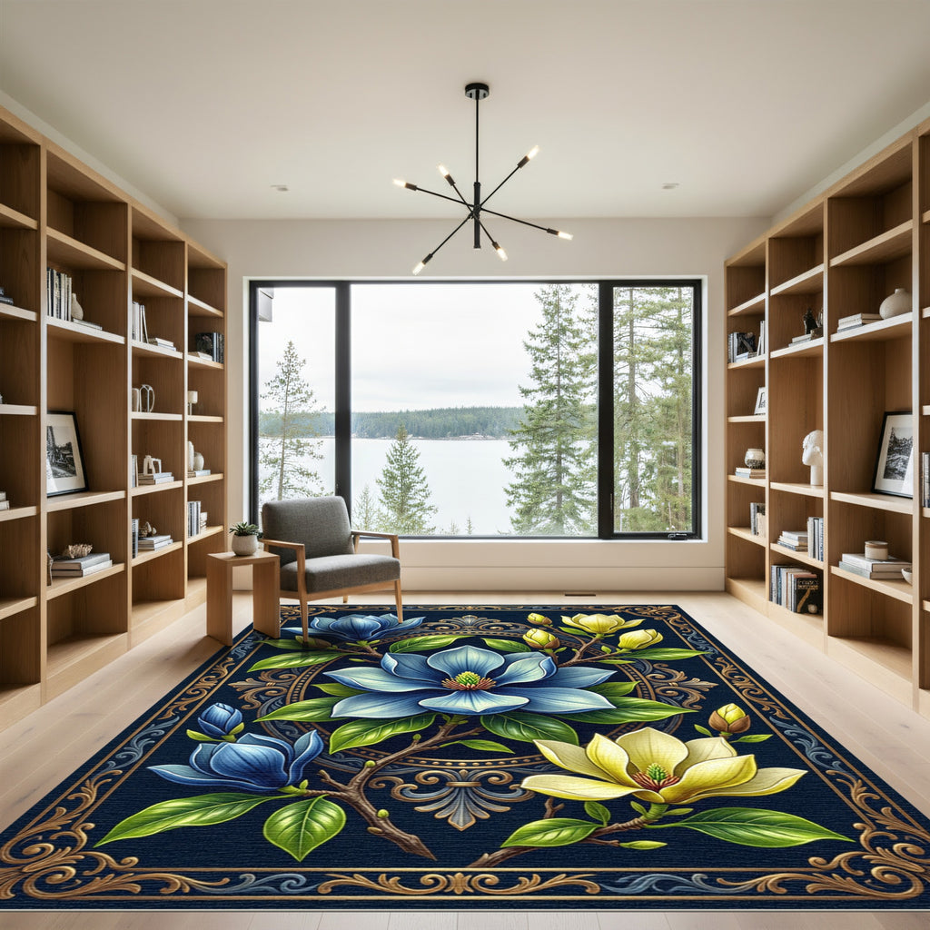 Elegant Blue and Gold Magnolia Frame Rug