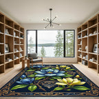 Elegant Blue and Gold Magnolia Frame Rug