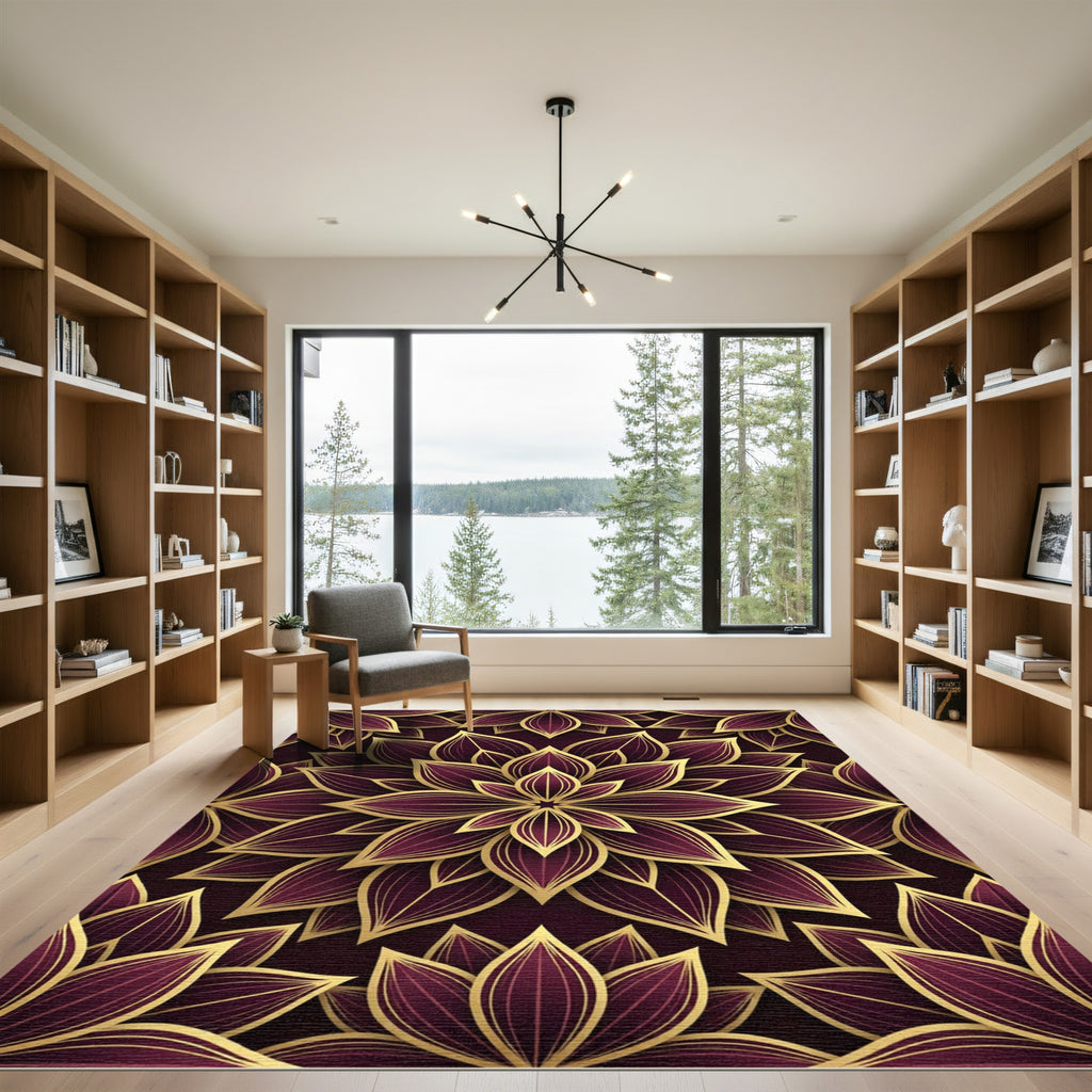 Luxurious Burgundy Gold Petal Mandala Rug