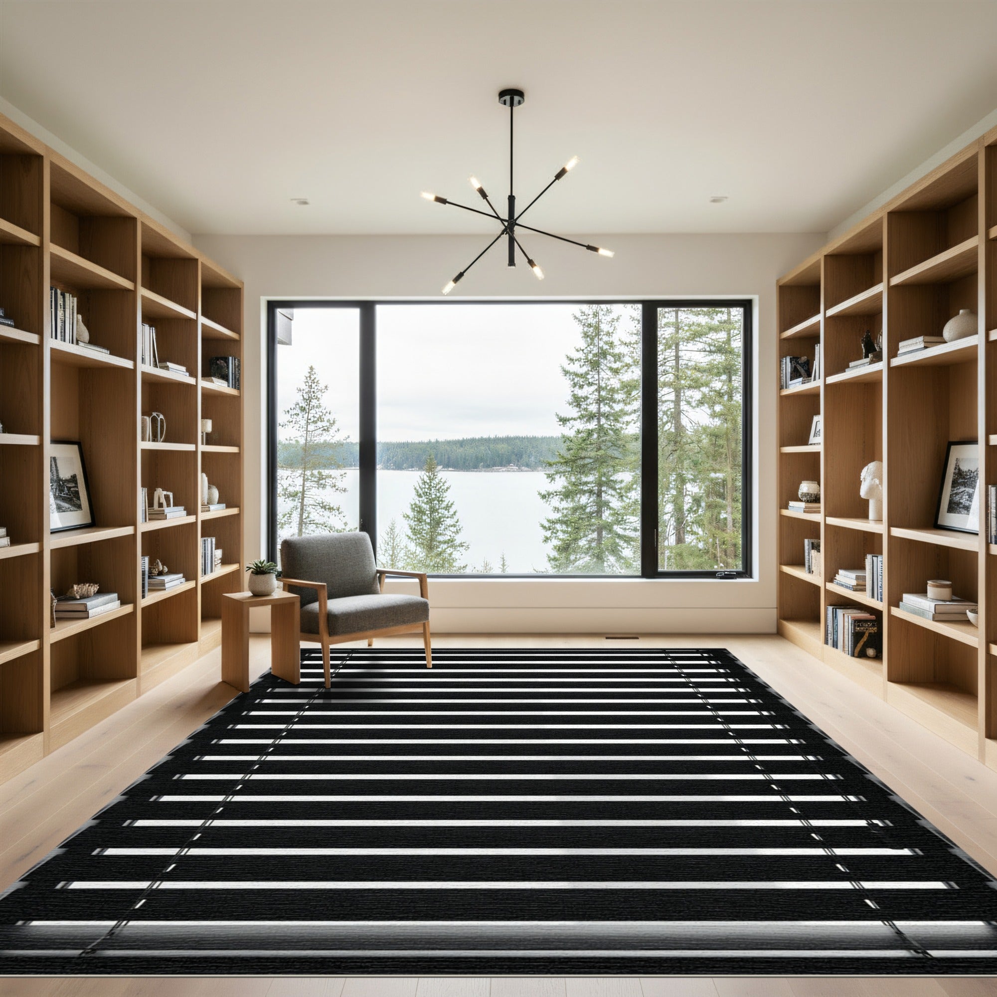 Modern Black Horizontal Line Blinds Rug