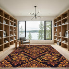 Golden Damask Scroll Medallion Art Rug