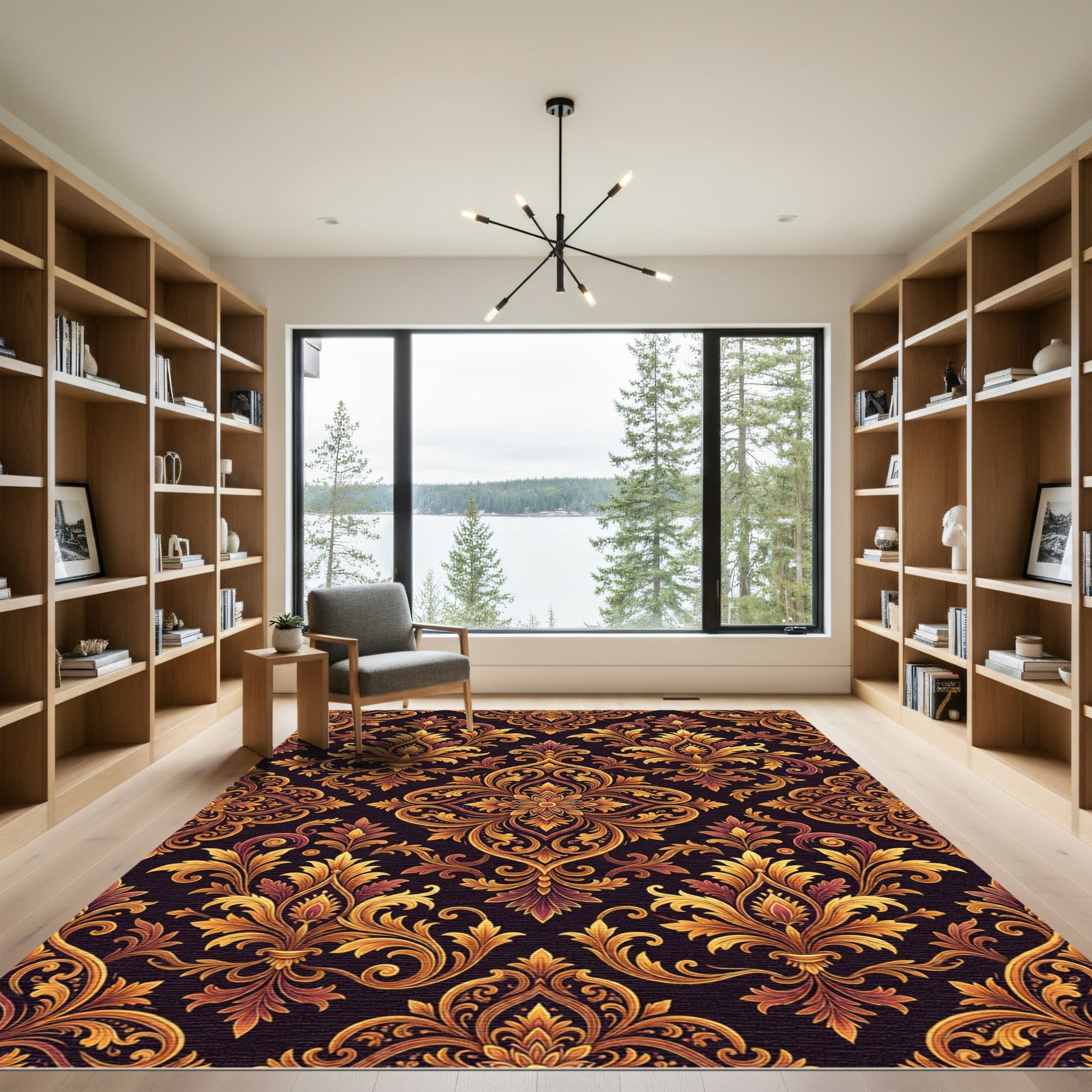 Golden Damask Scroll Medallion Art Rug