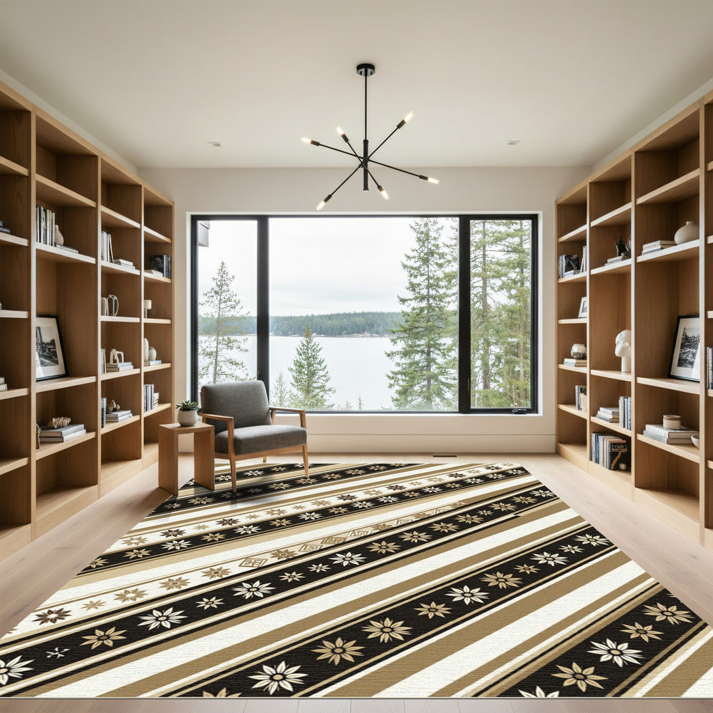 Gold Floral Stripes Geometric Band Rug