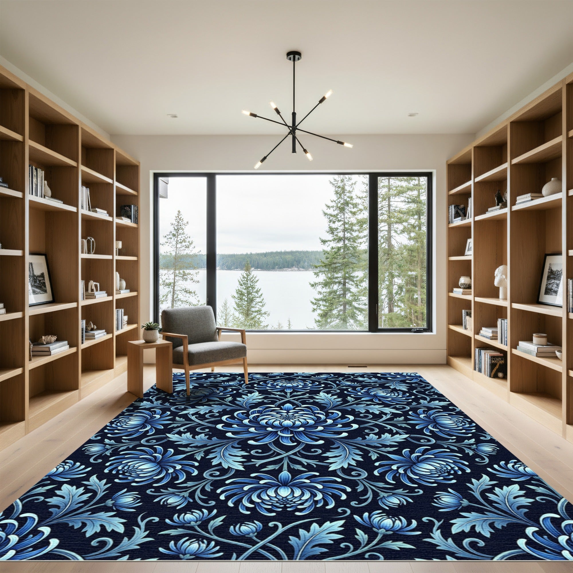 Elegant Blue Chrysanthemum Floral Symmetry Rug