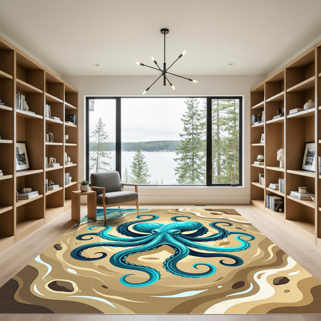 Vibrant Teal Octopus Coastal Swirl Rug