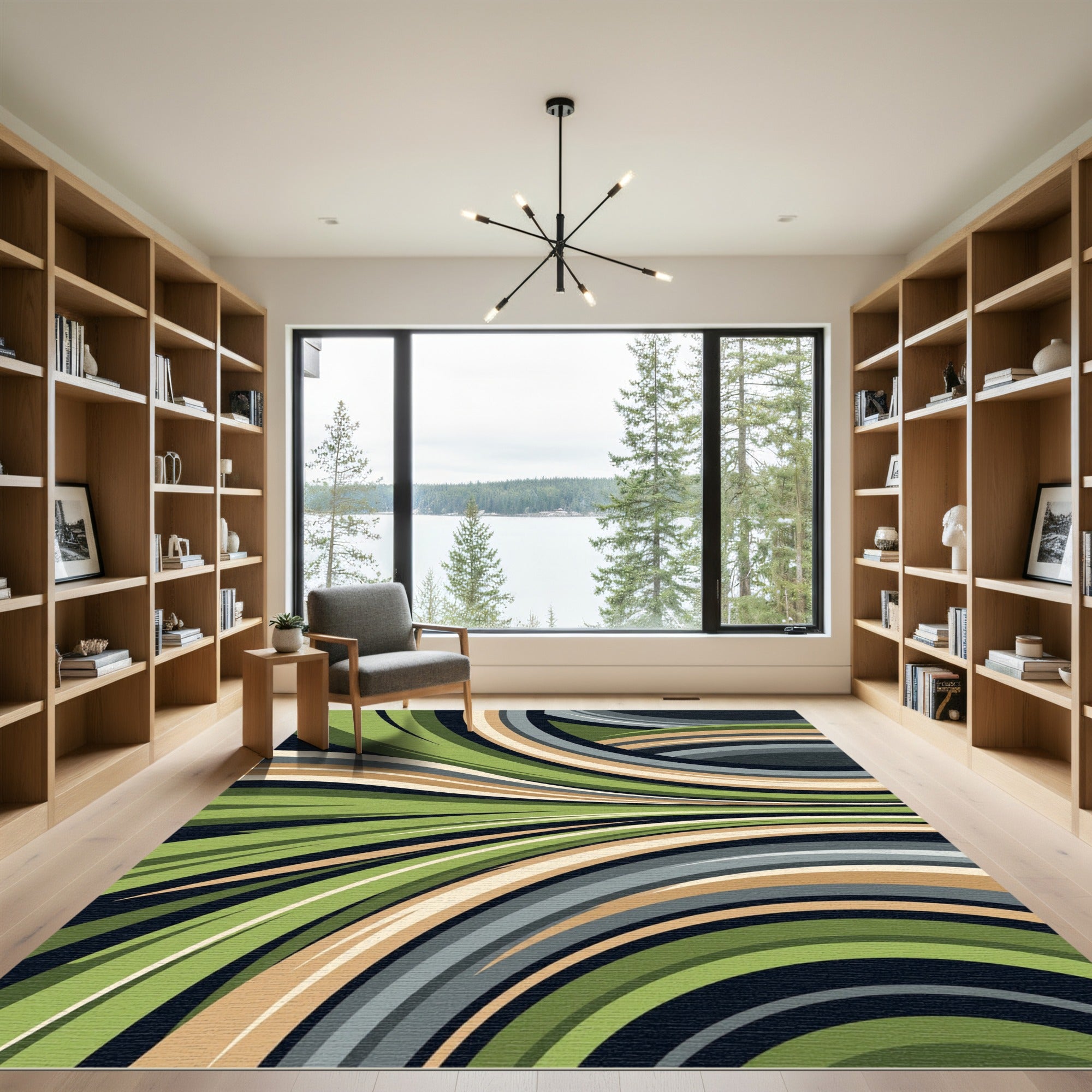 Modern Curved Sage and Sand Wave Rug