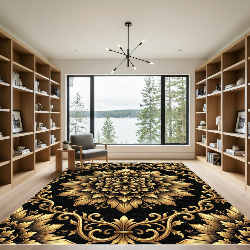 Luxurious Golden Floral Filigree Medallion Rug