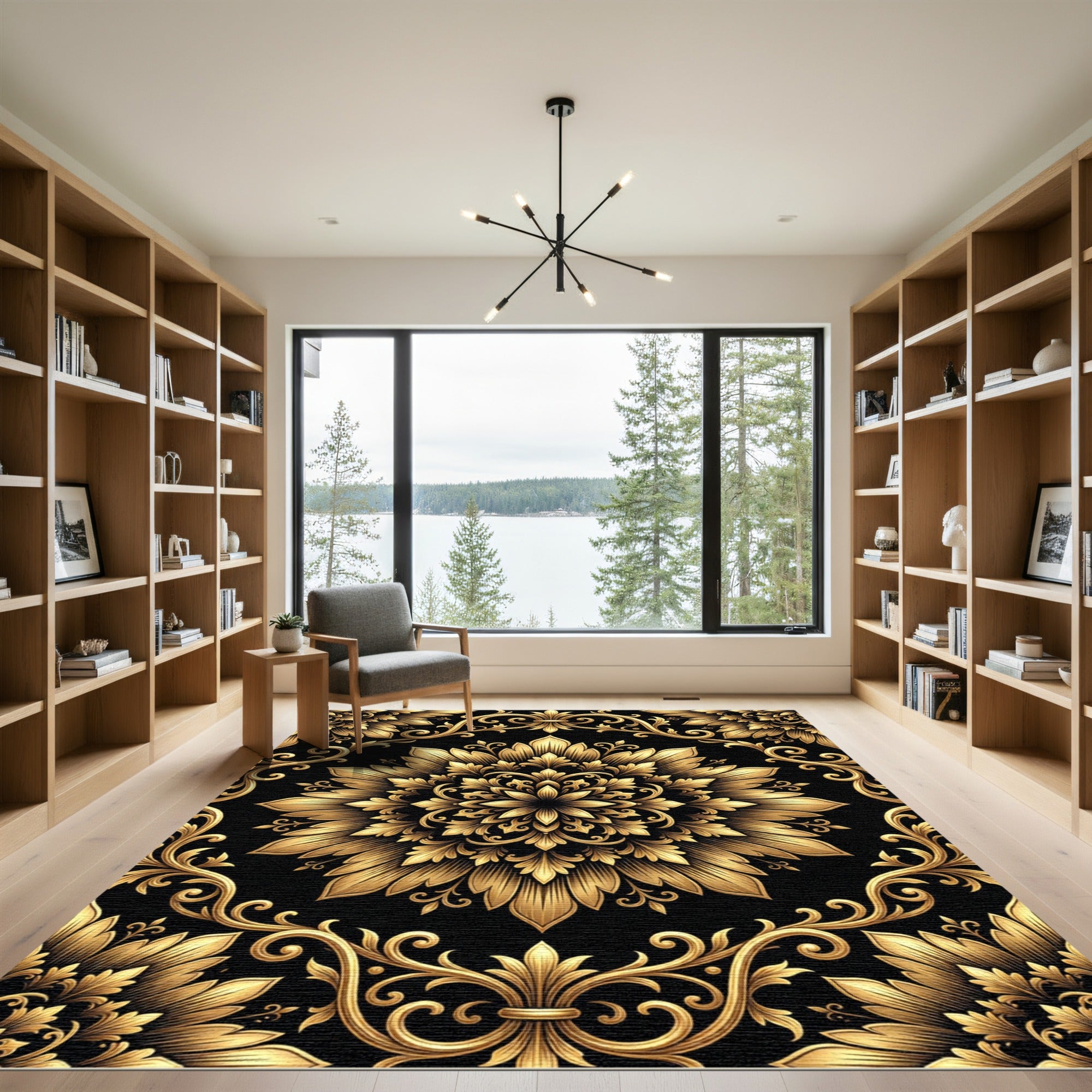 Luxurious Golden Floral Filigree Medallion Rug