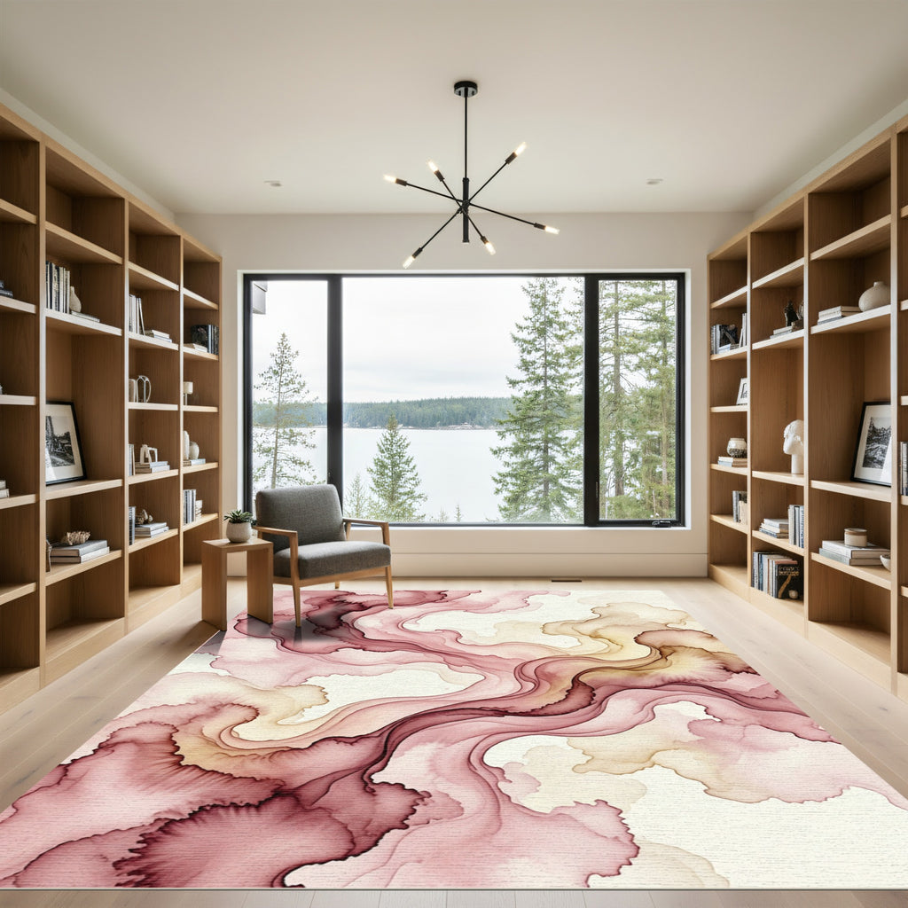 Crimson Blush Fluid Abstract Swirl Rug
