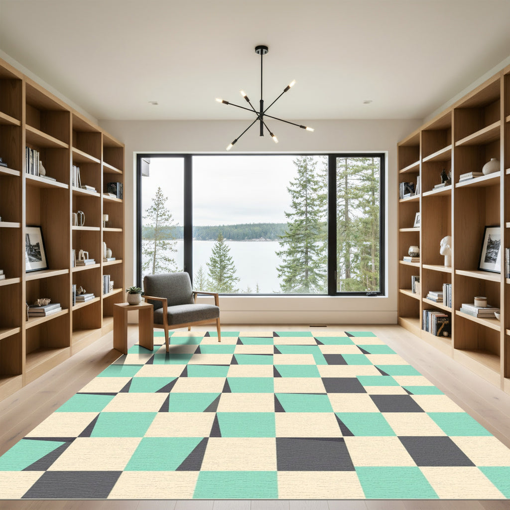 Aqua Cream Geometric Tilted Squares Rug